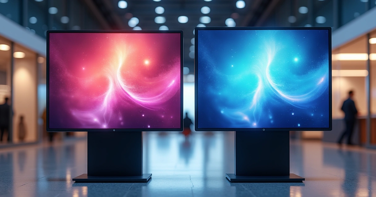 Comparação detalhada entre telas LED e LCD em ambiente de mídia indoor, com painéis exibindo imagens vibrantes em cores distintas