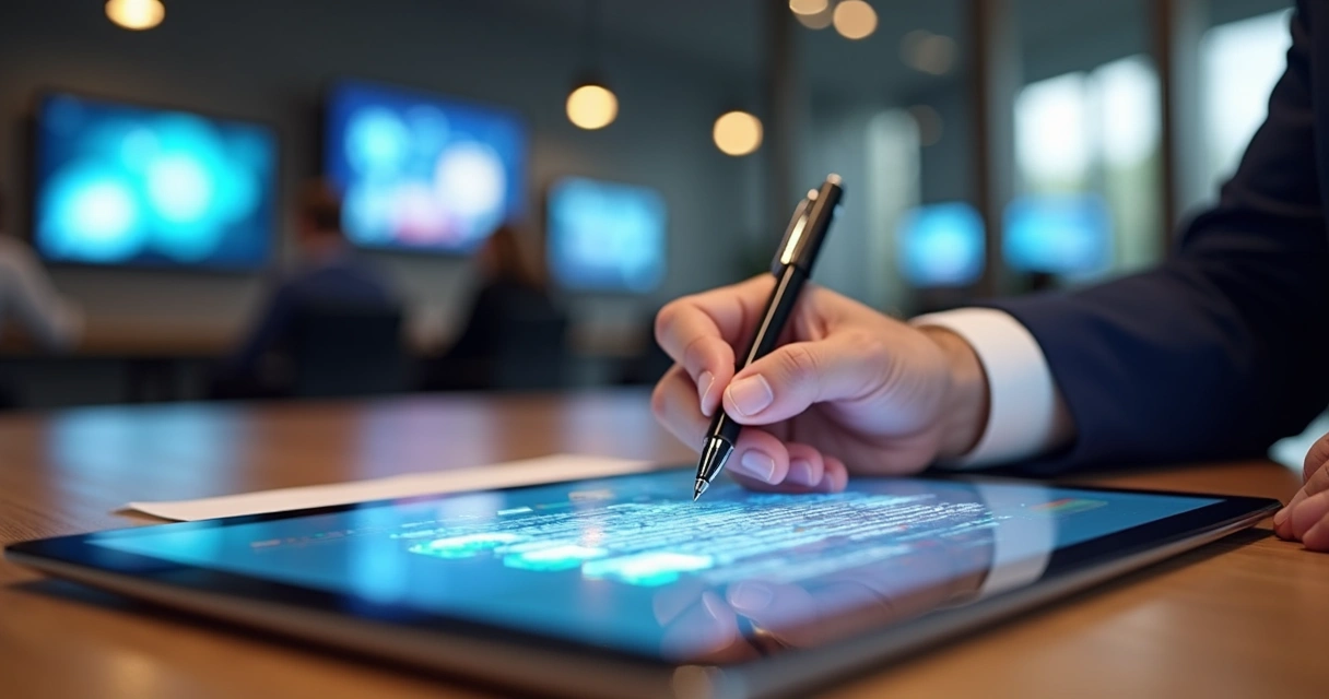 Contrato sendo assinado sobre mesa com tablet mostrando painel de LED digital e elementos de mídia indoor DOOH