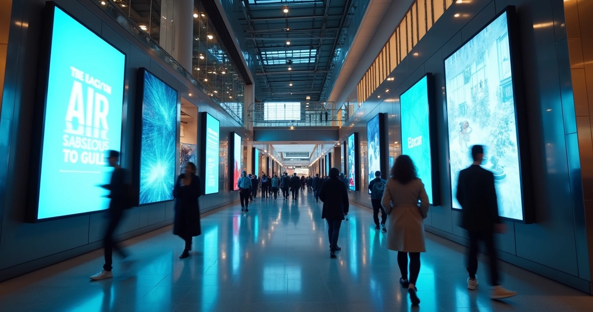 Indoor digital advertising screens showing technical issues in a modern commercial space