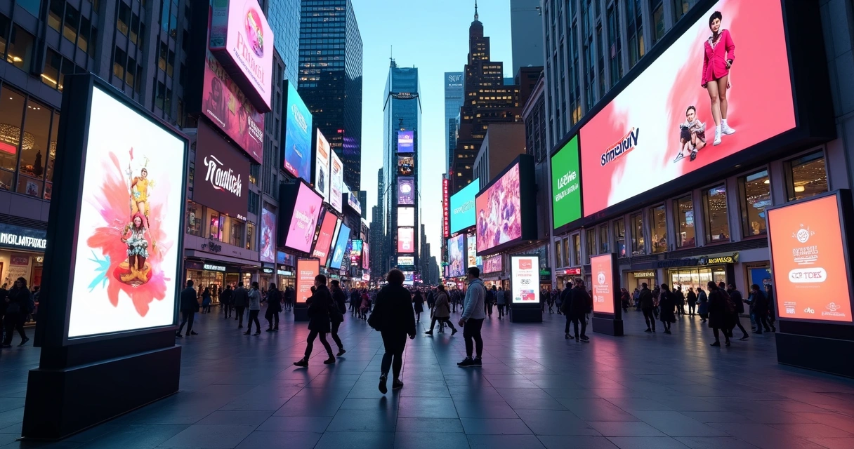 Painéis digitais DOOH em ambiente urbano com anúncios interativos e pedestres observando as telas