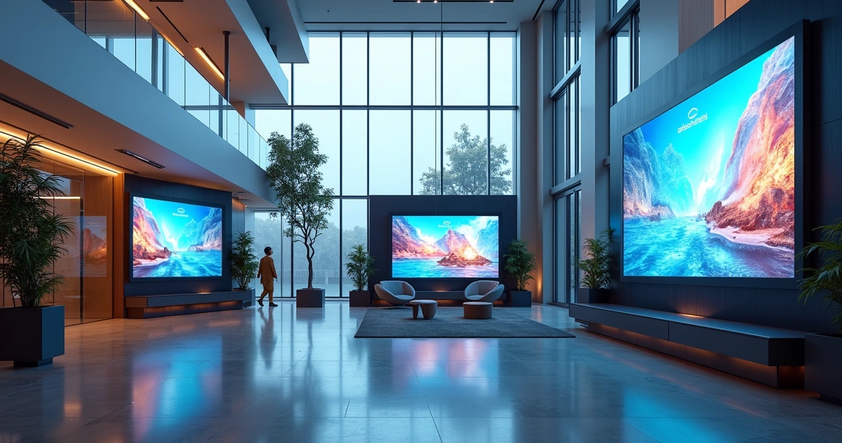 Tela digital exibindo anúncios em ambiente corporativo moderno com iluminação natural